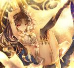  anklet armlet armpits arms_up bare_shoulders black_hair blush commentary_request crown earrings elbow_gloves fate/grand_order fate_(series) glitter gloves gold hair_ribbon hoop_earrings ishtar_(fate/grand_order) jewelry long_hair long_legs looking_at_viewer miyuki_ruria navel neck_ring pelvic_curtain red_eyes ribbon single_elbow_glove single_thighhigh smile solo stomach thighhighs two_side_up 