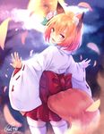  animal_ear_fluff animal_ears bangs blonde_hair blush chita_(ketchup) commentary_request fox_ears fox_girl fox_tail full_moon hair_between_eyes hakama_skirt highres japanese_clothes leaf looking_at_viewer looking_back miko moon night obi original outdoors parted_lips pleated_skirt red_skirt ribbon-trimmed_sleeves ribbon_trim sash short_hair skirt smile solo tail thighhighs twitter_username white_legwear wide_sleeves yellow_eyes zettai_ryouiki 