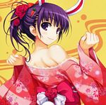  absurdres animal_ears bare_shoulders blush breasts bunny_ears fake_animal_ears floral_print hair_ornament hair_stick hairclip highres japanese_clothes kimono lace_trim long_hair looking_at_viewer looking_back medium_breasts obi off_shoulder purple_eyes purple_hair sash scan simple_background smile tomose_shunsaku upper_body wide_sleeves 