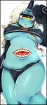  1_eye 2014 blush breasts clothed clothing female gem hair horn humanoid lying muroku669 nipple_bulge on_back open_mouth saliva solo stomach_mouth sweat sweatdrop under_boob yellow_eyes 