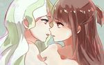  bangs blue_eyes brown_hair couple diana_cavendish eye_contact eyebrows_visible_through_hair face-to-face half_updo hug imminent_kiss inga_(tfan7558) kagari_atsuko kiss light_green_hair little_witch_academia long_hair looking_at_another multicolored_hair multiple_girls nude parted_lips profile red_eyes simple_background upper_body yuri 