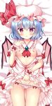  :o bangs bat_wings blush bow bow_panties breasts eyebrows_visible_through_hair frilled_panties frills hat hat_ribbon looking_at_viewer lying mob_cap nipples no_bra on_back open_clothes open_shirt panties panty_pull pink_shirt pink_skirt pink_wings puffy_short_sleeves puffy_sleeves red_bow red_eyes red_ribbon remilia_scarlet ribbon rikatan shirt short_hair short_sleeves skirt small_breasts solo touhou underwear white_panties wings wrist_cuffs 