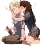 bad_id bad_pixiv_id barefoot blue_eyes blush diana_cavendish drunk ear_licking henpei_saboten highres kagari_atsuko licking little_witch_academia long_hair looking_at_another messy_hair multicolored_hair multiple_girls open_mouth simple_background white_background yuri 