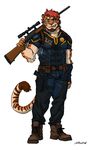  2015 5_fingers abs absurd_res anthro badge beard belt biceps boots brown_fur clothed clothing desert_eagle digital_media_(artwork) facial_hair fangs feline footwear front_view full-length_portrait fully_clothed fur green_eyes green_sclera gun hair handgun hi_res holster looking_at_viewer male mammal multicolored_fur muscular muscular_male pecs pistol police portrait ranged_weapon red_hair red_nose rifle rossciaco scope sharp_teeth signature simple_background sniper_rifle solo standing striped_fur stripes teeth tiger tuft uniform utility_belt vein weapon white_background white_fur 