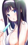  ? black_hair blue_eyes blush breasts commentary_request eyebrows_visible_through_hair food hairband ice_cream large_breasts long_hair looking_at_viewer mole mole_on_breast na53 original parted_lips popsicle sideboob solo tank_top upper_body white_background 