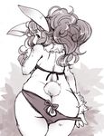  anthro bikini bikini_pull butt clothed clothing female furgonomics hair lagomorph long_hair looking_back mammal monochrome rabbit rear_view setouchi_kurage solo standing swimsuit tail_clothing teasing thick_thighs wide_hips 