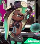  1girl animated animated_gif dark_skin fingerless_gloves headphones iida_(splatoon) looking_at_viewer navel_piercing shorts splatoon splatoon_2 tentacle_hair wide_hips winking 