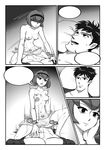  1boy 1girl android black_eyes breasts comic cowgirl_position hairband monochrome penis r_dorothy_wayneright robot roger_smith sample see-through short_hair the_big_o 