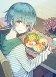  blue_hair blush chair cup eyebrows_visible_through_hair food fried_egg highres kuroyuki looking_at_viewer original plant plate potted_plant sausage short_hair sitting smile table yellow_eyes 