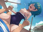  1girl bar_censor blue_eyes blue_hair blush boris_(noborhys) breasts censored clothed_sex clothing_aside covered_navel cowgirl_position day girl_on_top hetero highres holding_hands looking_at_viewer navel nipples one-piece_swimsuit one_eye_closed outdoors pokemon pokemon_(anime) pokemon_sm_(anime) precum pussy_juice satoshi_(pokemon) school_swimsuit sex short_hair sitting sitting_on_person sky small_breasts smile solo_focus straddling suiren_(pokemon) swimsuit swimsuit_aside vaginal 