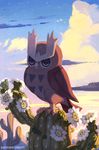  2015 ambiguous_gender avian beak bird bluekomadori brown_feathers cactus cloud desert detailed_background feathered_wings feathers feral flower half-closed_eyes hi_res nintendo noctowl outside owl plant pok&eacute;mon sky solo star talons video_games wings 
