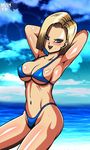  1girl android_18 armpits arms_behind_head bikini blonde_hair blue_bikini blue_eyes blue_thong blush breasts clavicle cleavage cowboy_shot dragon_ball dragon_ball_super dragonball_z earrings erect_nipples erect_nipples_under_clothes female hips hoop_earrings jewelry looking_at_viewer navel nipples open_mouth short_hair smile solo summer sweat swimsuit thighs thong thong_bikini 