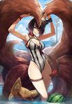  ahri animal_ears armpits bangs black_hair blue_sky breasts choker cleavage cloud cloudy_sky commentary day food fox fox_ears fox_tail fruit goggles goggles_on_head goomrrat gradient_hair grin heart heart_choker highleg highleg_leotard hips kumiho large_breasts league_of_legends leotard looking_at_viewer multicolored_hair multiple_tails ocean outdoors parted_lips pink_hair short_hair sidelocks sign sky smile solo striped striped_leotard tail thigh_strap thighs vertical_stripes wading watermelon whisker_markings yellow_eyes 