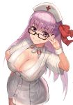  1girl absurdres bangs bb_(fate)_(all) bb_(fate/extra_ccc) blush breasts buttons cleavage closed_mouth collar collarbone dress fate/extra fate/extra_ccc fate_(series) glasses hair_between_eyes hair_ribbon hand_gesture hand_on_hip hat highres hoshibudou large_breasts long_hair looking_at_viewer nurse nurse_cap purple_eyes purple_hair red_ribbon ribbon short_dress short_sleeves simple_background smile solo v white_background white_dress wrist_cuffs 