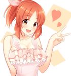  abe_nana arm_behind_back bangs bare_arms blush bow breasts brown_eyes cleavage collarbone frills h3po4_chiba hair_ribbon hand_up heart highres idolmaster idolmaster_cinderella_girls large_breasts looking_at_viewer open_mouth orange_hair parted_bangs pink_camisole ponytail ribbon sidelocks smile solo upper_body v 