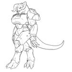  2015 3_toes 4_fingers abs anthro anthrofied armor big_breasts breasts claws clothed clothing deathclaw digitigrade fallout female front_view full-length_portrait hi_res horn machine methados navel portrait power_armor scalie sharp_teeth simple_background solo spikes standing teeth thick_tail toe_claws toes video_games white_background 