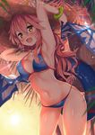  animal_ear_fluff animal_ears armpits arms_up bangs bikini blue_bikini bracelet breasts brown_eyes contrapposto covered_nipples cowboy_shot ears_through_headwear evening eyebrows_visible_through_hair fate/grand_order fate_(series) hat highres hips innertube jewelry kawai long_hair looking_at_viewer medium_breasts navel open_mouth outdoors pink_hair smile solo standing straw_hat sun_hat swimsuit tamamo_(fate)_(all) tamamo_no_mae_(fate) tamamo_no_mae_(swimsuit_lancer)_(fate) thighs wavy_hair 