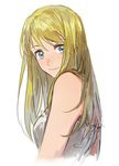  bare_arms bare_shoulders blonde_hair blue_eyes fullmetal_alchemist long_hair looking_at_viewer looking_back riru shirt simple_background smile solo white_background white_shirt winry_rockbell 