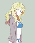  bikini bikini_under_clothes blonde_hair blue_eyes bokujoukun breasts diana_cavendish grey_background groin little_witch_academia long_hair medium_breasts protected_link sideboob sketch solo swimsuit 