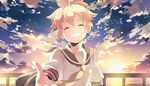  arm_at_side bangs beckoning blonde_hair closed_eyes cloud cloudy_sky commentary_request facing_viewer grin hair_between_eyes happy_tears kagamine_len long_sleeves male_focus open_hand outdoors outstretched_arm outstretched_hand sailor_collar sky smile solo sunset tears teeth u35 upper_body vocaloid 