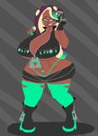  b0nf1r3 blush boots breasts character_request cleavage dark_skin fingerless_gloves huge_breasts nail_polish navel_piercing splatoon splatoon_2 thick_thighs thighhighs thong wide_hips 