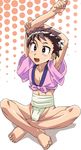  1boy armpits barefoot blush bulge character_request feet kiriya_gymno open_mouth school_boys! shota simple_background sitting smile solo underwear 