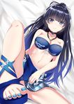  absurdres benghuai_xueyuan black_hair blue_eyes blue_nails blush breasts choker cleavage eyebrows_visible_through_hair gatari highres jewelry large_breasts long_hair looking_at_viewer lying nail_polish navel necklace on_back parted_lips ponytail raiden_mei smile teeth 