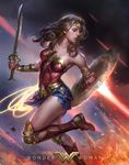  1girl armor bare_shoulders character_name circlet dc_comics emblem forehead_protector jeremy_chong lasso lasso_of_truth pteruges running shield solo strapless sword vambraces wonder_woman wonder_woman_(series) 