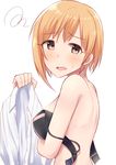  aiba_yumi asymmetrical_hair bangs bare_shoulders black_bra blonde_hair blush bra bra_removed brown_eyes dress_shirt h3po4_chiba idolmaster idolmaster_cinderella_girls looking_at_viewer looking_to_the_side off_shoulder parted_lips shirt shirt_removed short_hair simple_background solo squiggle strap_slip sweatdrop underwear white_background 