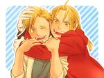  alphonse_elric blonde_hair blue_background brothers coat edward_elric eyebrows_visible_through_hair fullmetal_alchemist gloves hand_on_another's_shoulder hug looking_at_another male_focus multiple_boys nomachi one_eye_closed open_mouth outstretched_hand purple_background red_coat siblings smile striped striped_background white_background 