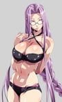  arm_behind_back bare_shoulders bikini black-framed_eyewear black_bikini braid breasts cleavage commentary_request covered_nipples cowboy_shot criss-cross_halter eyebrows_visible_through_hair eyes_visible_through_hair facial_mark fate/stay_night fate_(series) forehead_mark glasses grey_background halterneck highres large_breasts lips long_hair looking_to_the_side navel parted_lips partial_commentary playing_with_own_hair purple_eyes purple_hair rider semi-rimless_eyewear shiny shiny_clothes shiny_hair shiny_skin simple_background single_braid solo standing swimsuit very_long_hair wankoro_mochi 