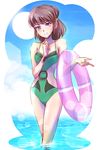  an_ren blue_sky bracelet breasts brown_hair cleavage cloud cloudy_sky commentary green_swimsuit iesupa innertube jewelry mature medium_breasts one-piece_swimsuit purple_eyes rwby sky smile solo sunlight swimsuit wading 