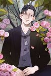  black_eyes black_hair dog_tags flower formal gangsta highres male_focus maorzshu nicolas_brown open_mouth pink_flower pink_rose rose solo spiked_hair suit 