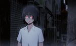  animated animated_gif black_hair boku_no_hero_academia commentary_request dark hair_down kirishima_eijirou male_focus outdoors rain red_eyes sharp_teeth shirt shoco_(sco_labo) short_sleeves solo spot_color teeth upper_body wet white_shirt wide-eyed 