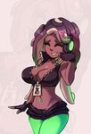  1girl ^_^ bare_shoulders black_hair breasts cleavage crop_top dark_skin green_eyes half-closed_eyes headphones iida_(splatoon) large_breasts long_hair mole mole_under_mouth nail_polish navel navel_piercing sleeveless solo splatoon splatoon_2 tentacle zipper 