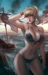  absurdres arm_up aya_foxheart banner bikini blonde_hair blue_eyes bracelet breasts cowboy_shot day final_fantasy final_fantasy_xiv hand_on_own_head highres hyur jewelry large_breasts navel outdoors ponytail ragecndy solo swimsuit water 