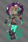  :d bare_shoulders boots breasts cleavage crop_top dark_skin fingerless_gloves full_body gloves green_eyes green_legwear headphones iida_(splatoon) king_of_unlucky long_hair looking_at_viewer medium_breasts midriff mole mole_under_mouth navel octarian open_mouth pantyhose purple_hair shorts simple_background sleeveless smile solo splatoon_(series) splatoon_2 teeth tentacles zipper 