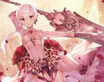  asymmetrical_hair blood bloody_clothes center_opening dolce_(dolsuke) gloves grey_eyes petals sinoalice skirt snow_white_(sinoalice) solo sword thighhighs weapon white_hair 