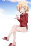  adapted_uniform bangs bikini blonde_hair braid closed_eyes cloud cloudy_sky commentary_request crossed_legs cup darjeeling emblem full_body girls_und_panzer holding holding_cup hood hoodie invisible_chair jacket legs long_sleeves no_pants open_mouth red_jacket sandals saucer short_hair side-tie_bikini sitting sky smile solo swimsuit teacup thighs tied_hair twin_braids white_background yumesato_makura 