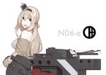  blonde_hair blue_eyes braid crown dress french_braid hairband highres kantai_collection long_hair looking_back machinery mikoto_(oi_plus) mini_crown off-shoulder_dress off_shoulder open_mouth rigging solo turret warspite_(kantai_collection) weapon white_dress 