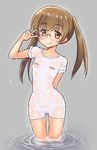 absurdres bandaid bandaid_on_pussy bandaids_on_nipples blonde_hair blush breasts brown_eyes collarbone girls_und_panzer glasses highres insight navel no_bra no_panties oono_aya pasties see-through shirt small_breasts smile solo twintails v water wet wet_clothes 