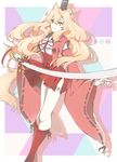  absurdres animal_ear_fluff animal_ears bangs blonde_hair commentary_request fang fate/extra fate/extra_ccc fate/extra_ccc_fox_tail fate/grand_order fate_(series) fox_ears fox_tail hat highres holding holding_sword holding_weapon japanese_clothes long_hair looking_at_viewer miniskirt mochiusa_(nasunasu0523) skirt smile suzuka_gozen_(fate) sword tail tate_eboshi weapon wide_sleeves yellow_eyes 
