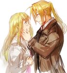  1girl blonde_hair blue_eyes blush coat couple earrings edward_elric eye_contact eyebrows_visible_through_hair fullmetal_alchemist hand_on_another's_cheek hand_on_another's_face hetero jacket jewelry long_hair looking_at_another ponytail riru simple_background white_background winry_rockbell yellow_eyes 