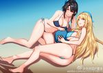  ass atago_(kantai_collection) ball bare_legs barefoot beach beachball bikini black_hair blonde_hair blue_bikini breasts collarbone covered_nipples day eyebrows_visible_through_hair from_above green_eyes hat highres kantai_collection large_breasts long_hair looking_at_viewer lying multiple_girls navel on_side outdoors partially_visible_vulva red_eyes side-tie_bikini sideboob sidelocks smile swimsuit takao_(kantai_collection) thong_bikini unfinished very_long_hair yykuaixian 