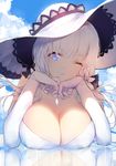  ;) absurdres azur_lane blue_eyes blue_sky breasts chin_rest cleavage cloud cloudy_sky day dress elbow_gloves gloves hat highres horz illustrious_(azur_lane) jewelry large_breasts lipstick makeup necklace one_eye_closed pendant reflection sky smile solo sun_hat white_gloves white_hair white_hat 