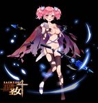  black_legwear black_saint blush breasts cape covering_nipples full_body garter_straps looking_at_viewer maorzshu medium_breasts official_art open_mouth pink_eyes pink_hair polearm short_hair short_twintails solo spear sword thighhighs torn_clothes torn_legwear twintails weapon 