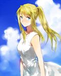  bare_arms blonde_hair blue_eyes cloud day dress eyebrows_visible_through_hair fullmetal_alchemist long_hair looking_at_viewer ponytail riru sky smile solo white_dress wind winry_rockbell 