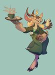  anthro baphomet beverage claws clothed clothing coffee demon ear_piercing female hooves horn piercing serpentine-drifter smile solo 