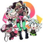  2girls aori_(splatoon) blush boots dark_skin eyes_closed fangs fingerless_gloves gashi-gashi gloves green_eyes hime_(splatoon) hotaru_(splatoon) iida_(splatoon) looking_at_viewer multiple_girls pointy_ears sharp_teeth splatoon splatoon_2 tentacle_hair v yellow_eyes 