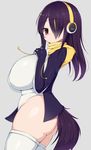  1girl ass bird_tail black_hair breasts brown_eyes cowboy_shot curvy emperor_penguin_(kemono_friends) gray_background headphones huge_breasts jacket kemono_friends long_hair multicolored_hair plump sagging_breasts sawati simple_background solo tail thick_thighs thighhighs thighs white_legwear 